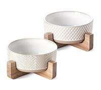Lot de 2 gamelles en céramique pour chien - 4 tasses - Gamelles de nourriture et d'eau pour chiens de petite taille - Gamelles mignonnes avec support en bois - Motif losange + vague
