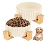 Lot de 2 gamelles en céramique pour chiots et chats avec support en bois, 13 cm, deux gamelles pour nourriture et eau avec base lestée antidérapante