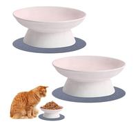 Lot de 2 gamelles pour chat - 2 gamelles en céramique et 2 tapis antidérapants en silicone - Gamelle surélevée pour chat - Gamelle d'eau pour chat - Bol en céramique pour chien et lapin (rose clair et