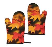 Lot de 2 gants de cuisine antidérapants pour cuisine - Motif feuilles d'érable rouges - Résistants à la chaleur - Pour barbecue