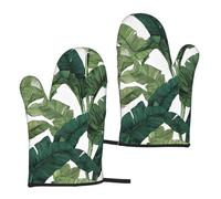 Lot de 2 gants de cuisine avec imprimé feuilles de palmier tropicales, résistants à la chaleur, antidérapants pour barbecue, cuisine, pâtisserie, cadeau de chef.