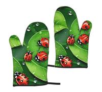 Lot de 2 gants de cuisine avec imprimé feuilles et coccinelles, résistants à la chaleur, antidérapants pour barbecue, cuisine, pâtisserie, cadeau de chef.