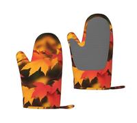 Lot de 2 gants de cuisine en gel de silice avec impression de feuilles d'érable rouges - Sans danger pour la cuisson, le barbecue, les cuisiniers
