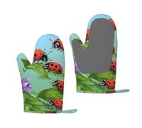 Lot de 2 gants de cuisine en gel de silice avec motif coccinelle et feuilles vertes - Sans danger pour la cuisson, le barbecue, les cuisiniers