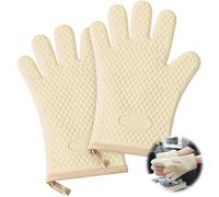 Lot de 2 gants de cuisine en silicone épais en coton résistant à la chaleur avec doigts, imperméables et antidérapants pour barbecue, cuisine, cuisine (blanc ivoire)