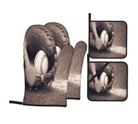 Lot de 2 gants de cuisine et 2 maniques de baseball et gants de four résistants à la chaleur antidérapants pour cuisine, grillade, pâtisserie