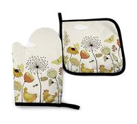 Lot de 2 Gants de Cuisine et maniques à imprimé Papillons Volants de Poule Parmi Les Fleurs, Coussinets Chauffants résistants, Gants de Cuisine pour Micro-Ondes, Barbecue, Cuisson, grillades