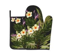 Lot de 2 gants de cuisine et maniques en polyester imperméables et antidérapants avec motif de plante fleurie - Résistants à la chaleur - Pour la cuisson et le gril