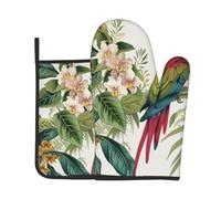 Lot de 2 gants de cuisine et maniques imprimés de fleurs tropicales, de feuilles et de perroquets, résistants à la chaleur, avec boucle de suspension pour cuisine, pâtisserie, barbecue, cadeaux pour