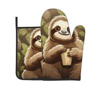 Lot de 2 gants de cuisine et maniques résistants à la chaleur - Motif paresseux de dessin animé - Gants de cuisine antidérapants pour griller, micro-ondes, barbecue