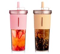 Lot de 2 Gobelet Bubble Tea 710 ml avec Paille et Couvercle, Verres à Thé aux Bulles, Tasses pour Smoothie, Café et Jus de Fruits
