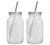 Lot de 2 gobelets à smoothie en verre avec couvercle et paille en acier inoxydable, bocaux Mason à ouverture régulière, tasses à thé, tasse de voyage, idéales pour jus, lait (lot de 2)