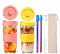 Lot de 2 gobelets à thé à bulles avec pailles - 730 ml réutilisables avec couvercles, pailles Boba en acier inoxydable, étuis en silicone et brosse de nettoyage