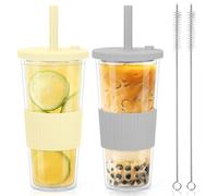 Lot de 2 gobelets avec couvercle et paille - 710 ml - En plastique anti-fuite - Avec couvercle et paille - Réutilisables - Double paroi - Pour thé à bulles