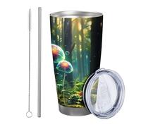 Lot de 2 gobelets botaniques avec couvercle - Paysage - Forêt - Nature - Beau champignon - Feuilles - Plante - Vert - En métal inoxydable - Chaud et froid - Sans déversement - Pour bureau, extérieur