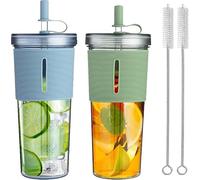 Lot de 2 gobelets de 700 ml, avec couvercle et paille, en plastique, avec couvercle et paille, gourde avec paille, pour smoothie, café glacé (vert, bleu)