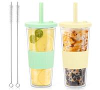 Lot de 2 gobelets de 710 ml, avec couvercle et paille, en plastique isolé, double paroi isolée, réutilisables, pour café, jus de fruits, à emporter, beige et vert clair