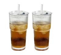 Lot de 2 gobelets en verre à deux parois de 600 ml avec couvercle et paille - Récipient pratique pour boissons froides - Pour café, jus, thé, cocktail, avec paille et couvercle
