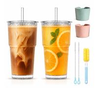 Lot de 2 gobelets en verre côtelés avec couvercle et paille, 600 ml | Gobelet à smoothie en verre avec couvercle anti-fuite, étui et brosse pour café glacé, matcha, latte, jus et boissons froides
