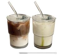 Lot de 2 gobelets en verre de 400 ml - Tasse à café avec couvercle, paille et brosse en verre - Rayures en cristal - Gobelets en verre - Gobelets à smoothie - Verre à eau latte glacée - Tasse à jus -