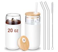 Lot de 2 gobelets en verre de 591 ml avec couvercles et pailles en bambou - Verres en forme de canette de bière avec manchon de protection en silicone, pour café glacé, joli gobelet pour eau,