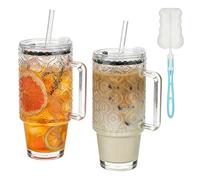 Lot de 2 gobelets en verre de 730 ml avec paille et couvercle - Tasse à café glacé réutilisable avec poignée et brosse à tasse, pour smoothie, matcha - Pour café glacé, jus, boisson, lait, thé