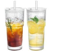 Lot de 2 gobelets en verre nervuré - 600 ml - Design hermétique et anti-fuite - En verre de qualité supérieure - Avec couvercle et paille - Pour café glacé, thé à bulles, smoothies