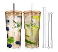 Lot de 2 gobelets en verre nervuré de 650 ml avec couvercle et paille, à paroi épaisse et robuste, avec paille, hermétiques et étanches, verres à café, tasses à cappuccino
