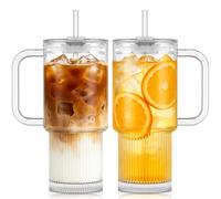 Lot de 2 gobelets en verre nervuré de 768 ml avec couvercles étanches et pailles - Ensemble de verre de qualité supérieure sans plomb pour café glacé, smoothies et jus, passent au lave-vaisselle, pour