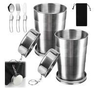 Lot de 2 gobelets pliables en acier inoxydable 450 ml - Avec cuillère pliante - Pour l'extérieur - Portable - Pour le camping - Pliable - En acier inoxydable