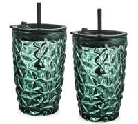 Lot de 2 gobelets verts, 400 ml, avec couvercle et paille, design diamant, verres à café glacé à emporter, à large goulot glacé pour thé, jus, smoothie