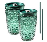 Lot de 2 gobelets verts avec couvercle et paille - 440 ml - Gobelets à smoothie en verre avec couvercle et paille - Gobelets en verre avec design diamant pour tasse à café, tasse à thé à bulles, tasse