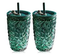 Lot de 2 gobelets verts en verre avec couvercle et paille - 400 ml - Gobelets à thé à bulles - Gobelets à smoothie - Verres à café glacé - Pour jus, café, eau, thé