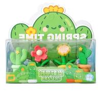 Lot de 2 gommes en forme de petits copeaux de cactus et de petites fleurs en pot - Vert