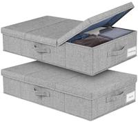 Lot de 2 grandes boîtes de rangement sous le lit avec couvercle, sacs de rangement pliables de 45 L avec poignée, organisateur de tiroir pour vêtements, couvertures, couettes, oreillers, literie
