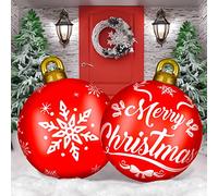 Lot de 2 grandes boules de Noël géantes gonflables en PVC de 61 cm pour extérieur, vacances, cour, pelouse, porche (rouge, blanc, mots joyeux mots)