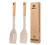 Lot de 2 grandes cuillères de cuisine en silicone, résistantes à la chaleur, anti-adhésives, avec poignée en bois, idéales pour mélanger, remuer, servir, cuisiner (kaki)