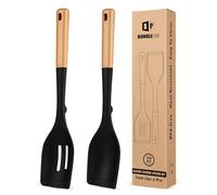 Lot de 2 grandes cuillères de cuisine en silicone, résistantes à la chaleur, anti-adhésives, avec poignée en bois, idéales pour mélanger, remuer, servir, cuisiner (noir)