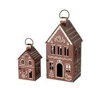 Lot de 2 grandes lanternes marron blanc pain d'épices maison métal b522 photophores maison fer lanternes coffret cadeau maison silouette bougeoir ambiance lanterne décoration de jardin décoration de