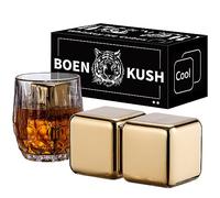 Lot de 2 grandes pierres à whisky réutilisables en acier inoxydable de 64 cm³ pour vin rouge, bière, scotch, vodka - Doré