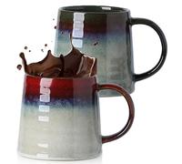 Lot de 2 grandes tasses à café en faïence 450 ml avec anse, pour le bureau et la maison, faciles à tenir, micro-ondes et lave-vaisselle, vert encre et rouge encre