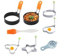 Lot de 2 grands anneaux à œufs pour la friture, 8,9 cm, comprend une forme d'ours, d'étoile, de cœur et de fleur, anti-adhésifs avec poignées pliables, comprend une brosse à huile et un séparateur