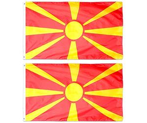 Lot de 2 grands drapeaux de la Macédoine du Nord avec œillets - Environ 152 x 91 cm - Pour football, rugby, événements sportifs, fêtes de rue, festivals et célébrations