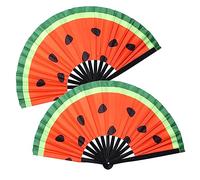 Lot de 2 grands éventails pliants en bambou - Éventail pliable chinois/japonais en nylon pour festival, danse, spectacle, fête, cadeau, décoration (pastèque)