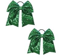 Lot de 2 grands nœuds à paillettes verts de 17,8 cm pour queue de cheval, bandeau élastique fait à la main pour pom-pom girl, adolescente, fille, université (vert pailleté)