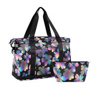 Lot de 2 grands sacs de sport hologramme fleur de cerisier noir fluo avec articles de toilette pour voyage