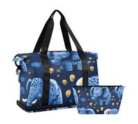 Lot de 2 grands sacs de voyage avec sangle réglable Motif éléphants Bleu, dessin animé bleu fuuny elephants, 1 size