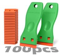Lot de 2 grattoirs en plastique avec 100 lames pour retirer la peinture murale sans rayures pour vitres de voiture, verre, bois, autocollants pour plancher, cuisinière, cuisine, ruban adhésif en