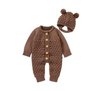 Lot de 2 grenouillères en tricot pour bébé garçon et fille avec chapeau d'ours - Couleur unie - Boutons - Manches longues - Pull d'hiver chaud - Combinaison de neige 0 à 18 mois, café, 0-3 mois