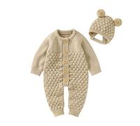 Lot de 2 grenouillères en tricot pour bébé garçon et fille avec chapeau d'ours - Couleur unie - Boutons - Manches longues - Pull d'hiver chaud - Combinaison de neige 0 à 18 mois, kaki, 12-18 mois